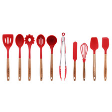 The Pioneer Woman 10-Piece Silicone Acacia Wood Handle Cooking Utensils Set, Red