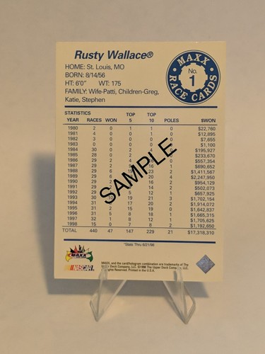 MAXX Race Cards 1988 10th Anniversary Rusty Wallace #1 NASCAR Auto Racing Sample - Picture 2 of 2