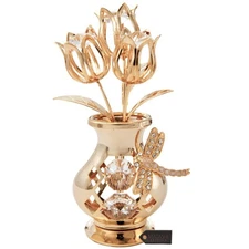 Matashi 24K Gold Plated Flower Bouquet Vase with Dragonfly Clear Crystal Studded