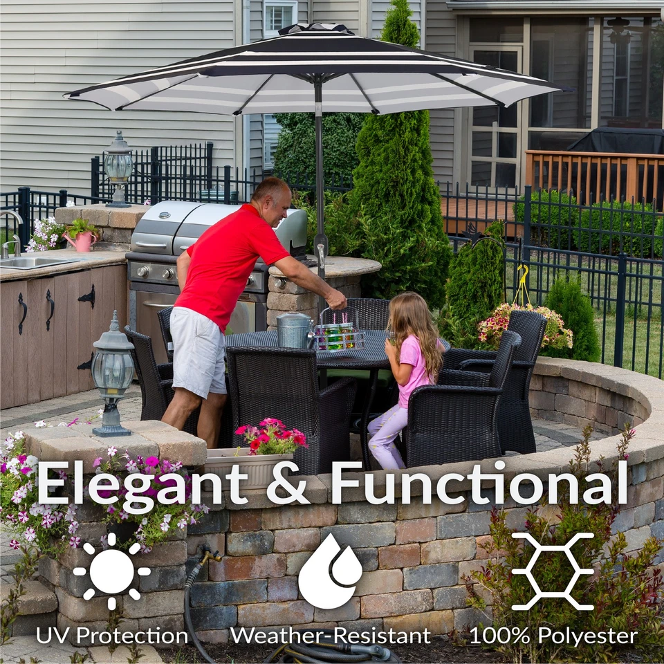 Paraguas de patio de aluminio de 9 pies con inclinación y manivela - Raya azul marino de Sunnydaze Foto 4 de 4