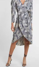 New EXPRESS Small Printed Puff Sleeve Midi Dress AS SEEN ON TV Blue/White Print