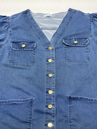 Denim Blue Jean Puff Sleeve Button Front Shirt Dress Size L Fall Western Preppy - Picture 2 of 20