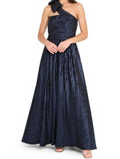 Tahari One-Shoulder Pleated Metallic Navy Evening Gown SIZE 10 MSRP $299.00