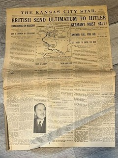 Giornale vintage 1 settembre 1939 Kansas City Star seconda guerra mondiale "British Send Ultimatum"