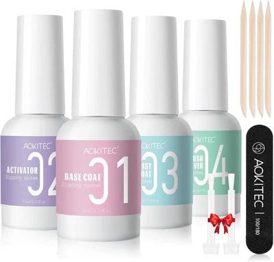 Aokitec Dip Powder Liquid Set, Dip Base Top Gels Coats Dipping Powder Activator