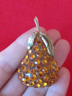 Vintage Forbidden Fruit Lucite Rhinestone Pear Brooch Pin *Has Enamel Loss