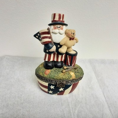 Patriot Uncle Sam Hinged Box Trinket With Teddy Bear 