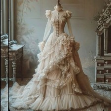Victorian Wedding Dresses Luxury Lace Ruffles Sleeves Long High Neck Bridal Gown
