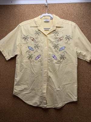 Vtg Paradise Bay Surf Shirt Wom M Yellow Hawaiian Embroidered Beaded Aloha Camp