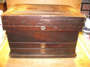 ANTIQUE MACHINIST HANDMADE WOODEN TOOL CHEST - NICE - 19”x13”x12 1/2"