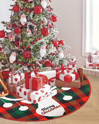 LEAFWHIS 48-Inch Red Christmas Tree Skirt - Vintage Gold & Green Tree Pattern, Large Festive Mat - View #5