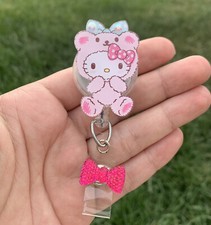 Kawaii Sanrio Hello Kitty Pink Bear Badge Reel Holder Retractable ID Handmade