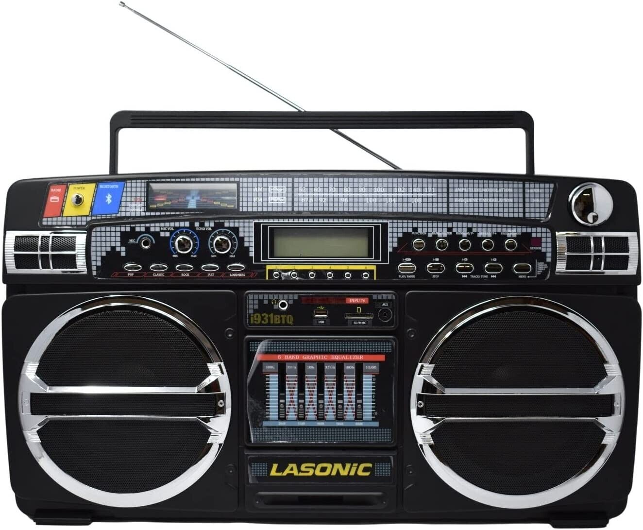 Lasonic i931BT Boombox, Rechargeable Bluetooth 80's Style Ghetto Blaster - Black