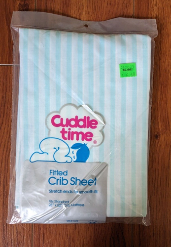 NOS Cuddle Time FITTED CRIB SHEET for Standard 28"x52" Mattress Blue Stripe Vtg
