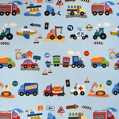 Textiles français EN ROUTE (Blue) Children's fabric - 100% Cotton per half-metre