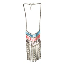 Boho Festival Statement Necklace Beaded Fringe Bib Brass Tone Colorblock Chains