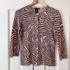 Sarah Spencer Brown Animal Print Wool Angora Cardigan Women Small Mob Wife