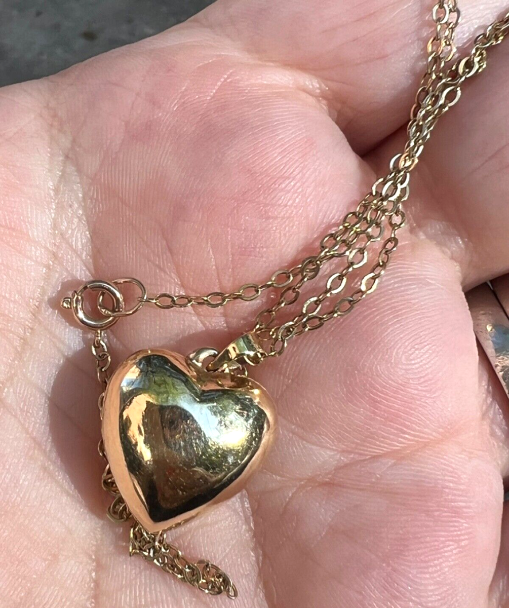 VINTAGE SOLID 14K YELLOW GOLD HEART PENDANT NECKLACE CHAIN