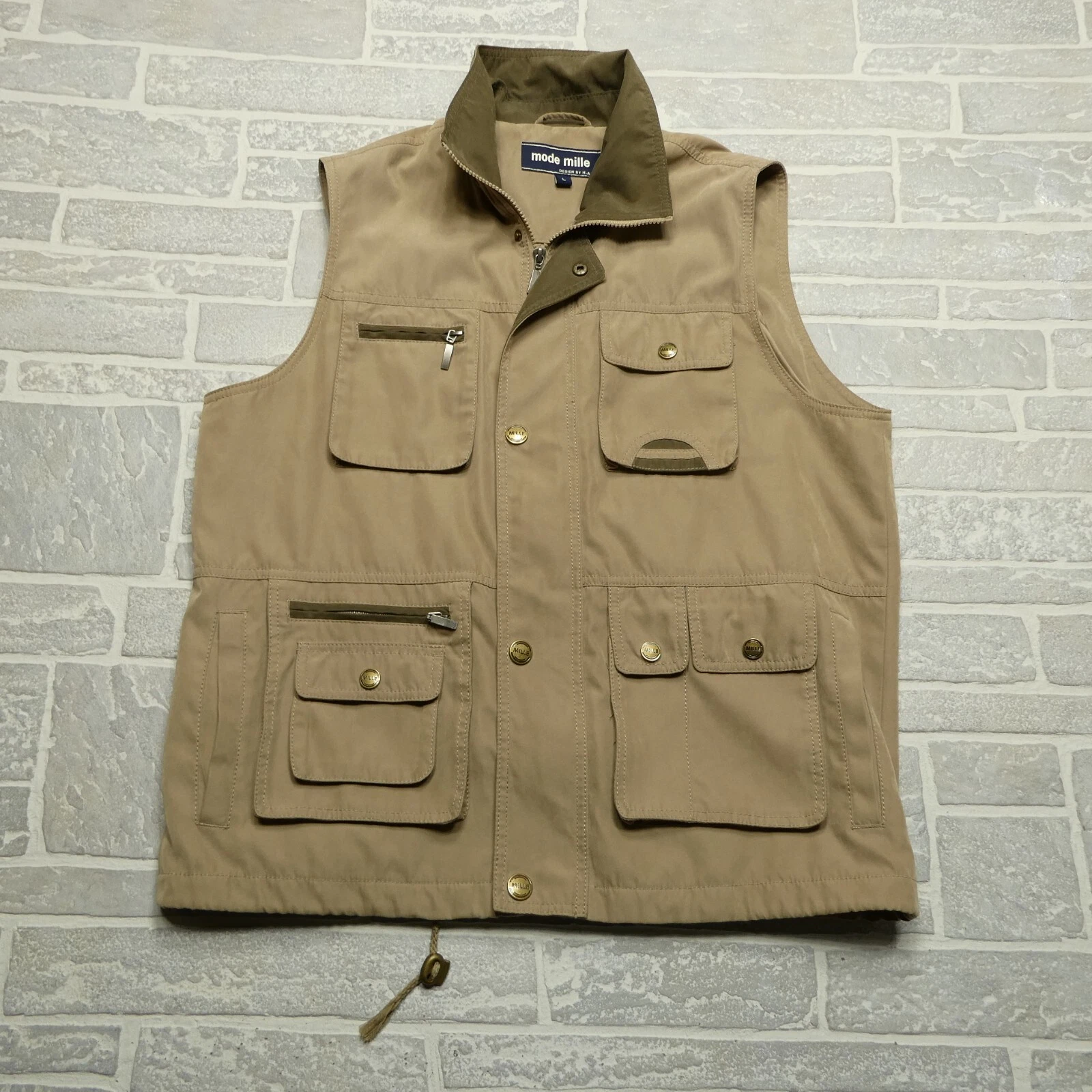 Mode Mille Travel Vest Mens L Beige Full Zip Safari Fishing Hiking Zip Pockets