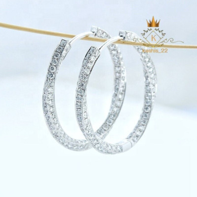 2 CT Moissanite Inside Outside Hoop Earrings Round Cut VVS1 Solid 14K White Gold