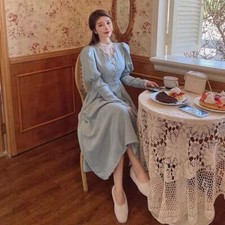 Lady Corduroy Midi Dress Lace Splice Puff Long Sleeves Big Swing A-line Cosplay