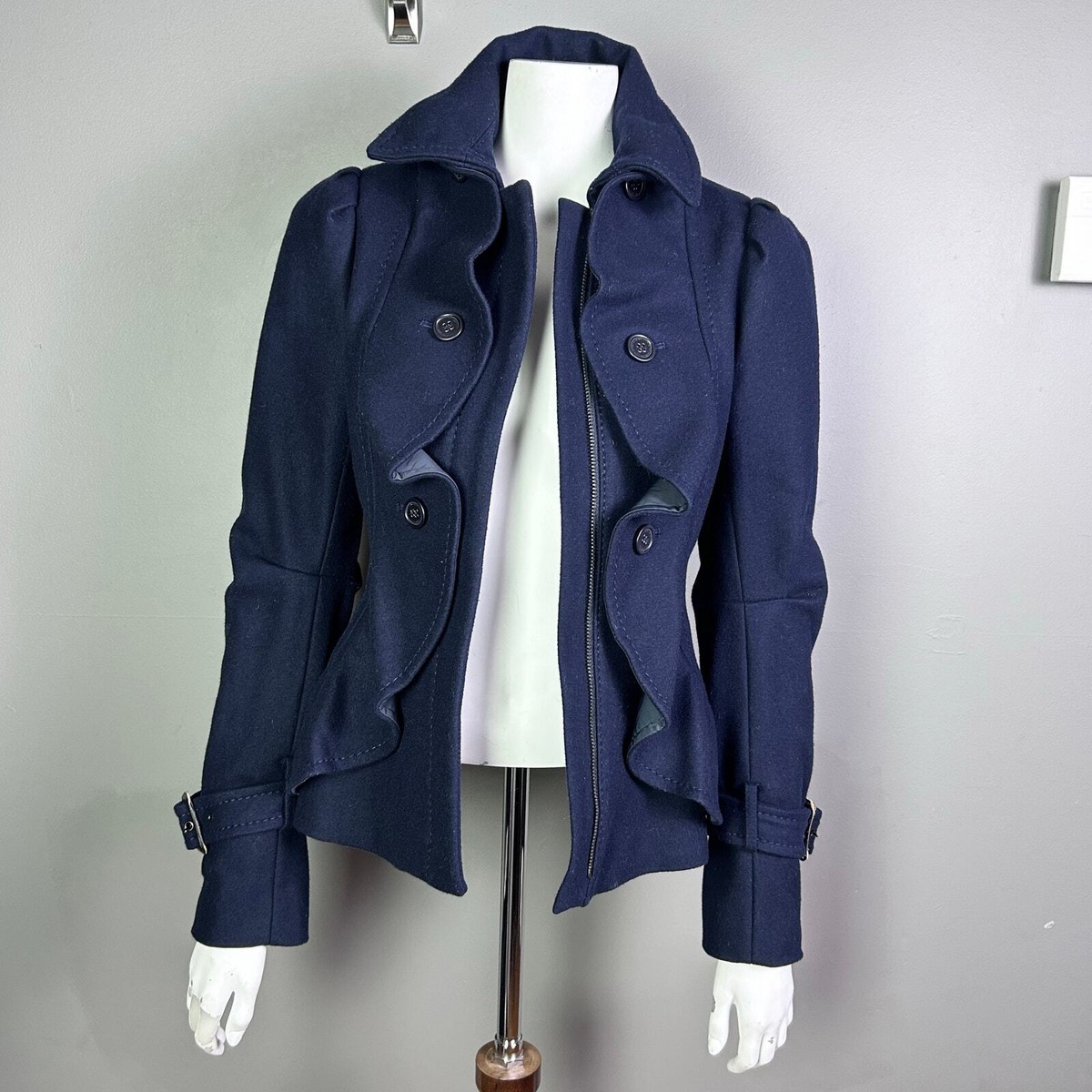 BCBG MAXAZRIA アルパカ100％ ボアコート 紺 M/L*LD949 BCBG MaxAzria coat XS Pea Coat Military Ruffle Regal Royal Wool