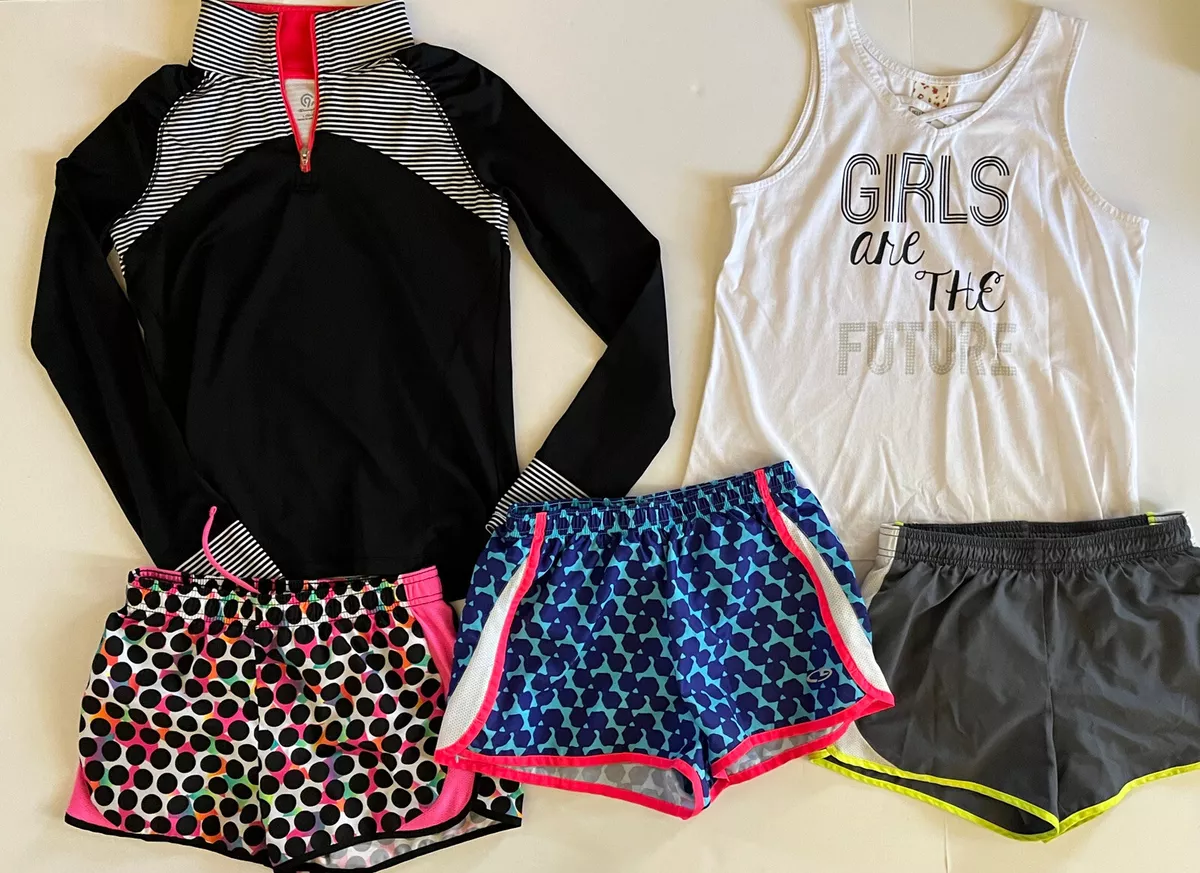 Lot 5 Girl's 10-12 Athletic Clothes Print Running Shorts Tank Top Shirts  1/4 Zip