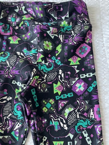 LuLaRoe Kids S/M Kids Sizes 2-8 Purple Green Unicorn Skeleton Halloween Leggings - Picture 2 of 7