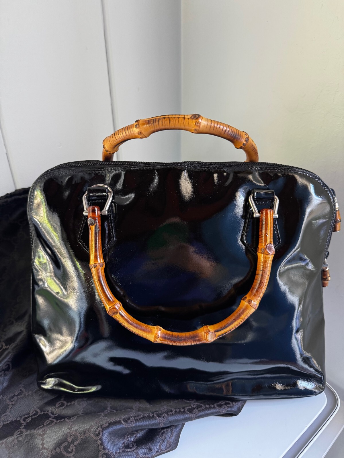 Gucci Bamboo Handle Black Leather Handbag