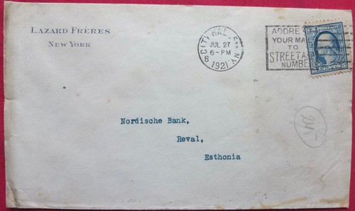 1921 USA - Estonia Bank Used Cover New York - 第 1/2 張圖片