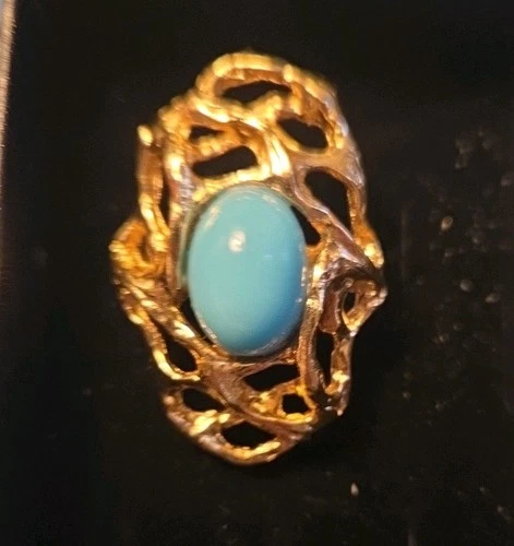 Vintage Napier Statment Ring Size 6 Gold Tone, Faux Turquoise Costume Jewelry