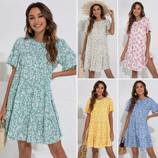 Women's Dress Summer New Fashion Crew-neck Floral Lotus Sleeve Loose Dress