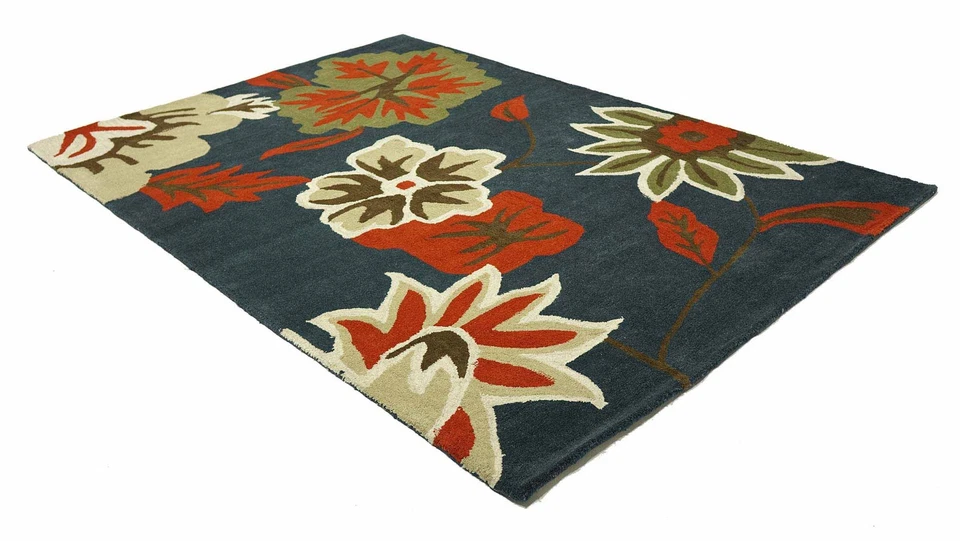 Alfombra Flor Wolle 160x230 Azul Floral Hecho A Mano Tufting Moderno - Imagen 4 de 4