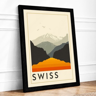 Schweizer Alpen Poster Art Deco gerahmter Wandbilddruck Wohndeko fertig zum Aufhängen