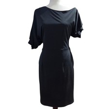 LilyIn Black Sheath Dress Knee Length Asymmetrical Boat Neck Side Pockets Size L