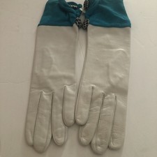 Vintage Glitz 15in 100 Capeskin Leather And Silk White Teal Gloves 8/ XL