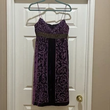 NICOLE MILLER COLLECTION Purple Velvet Burnout Beaded Strappy Dress Sz 4 Silk