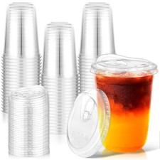 50 Pack 16oz Clear Plastic Cups with Sip Lids, Disposable Iced Coffee Cup wit...