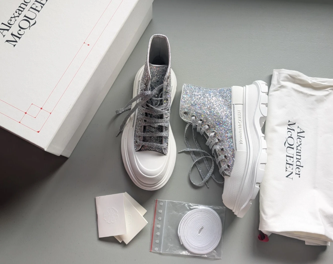 Alexander McQueen — NIB Alexander McQueen Tread Slick Crystal Glitter High-Top Boots Sz 37 White