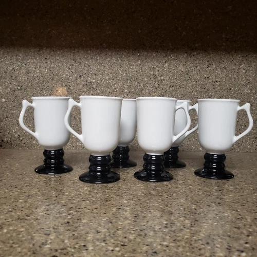 6 Vintage Hall 1272 Black Footed Pedestal Irish Coffee Mugs Cups MCM Retro