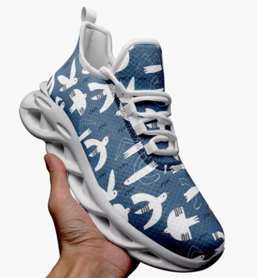 Womens Bounce Mesh Sneakers White Seagulls Blue Ocean Beach Shoes 2 Sole Colors