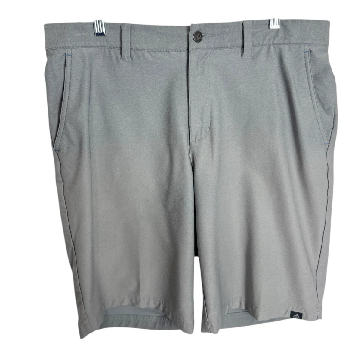 Pantaloncini Adidas da uomo 34 Flat Front Performance Wear grigi usati in ottime condizioni cuciture interne 10"