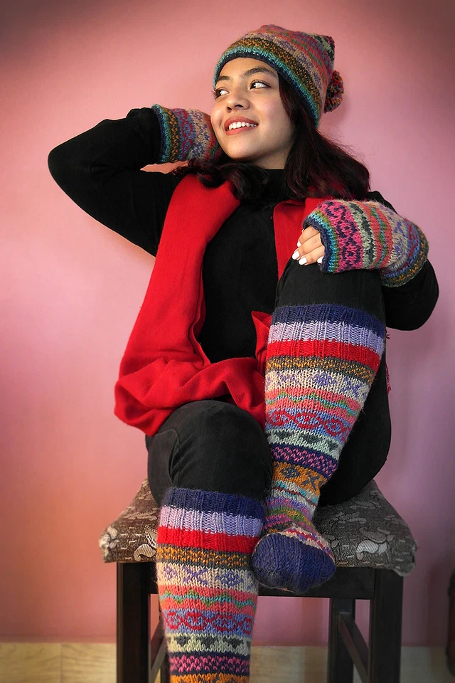 Calcetines hasta la rodilla de lana color mezclado azul rosa y verde, calcetines regalo Navidad Foto 2 de 4