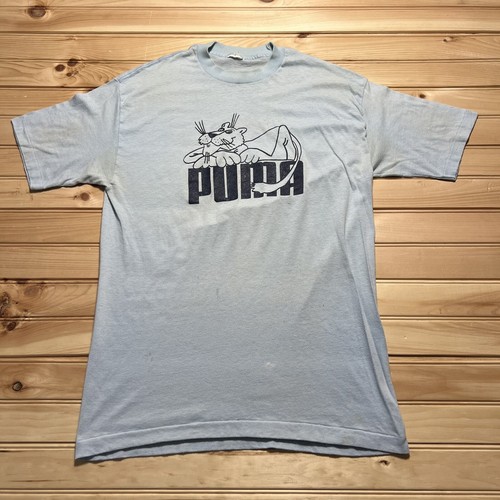 Vintage 70s Puma Logo Athletic Shoes Shirt Blue Size Medium Single Stitch