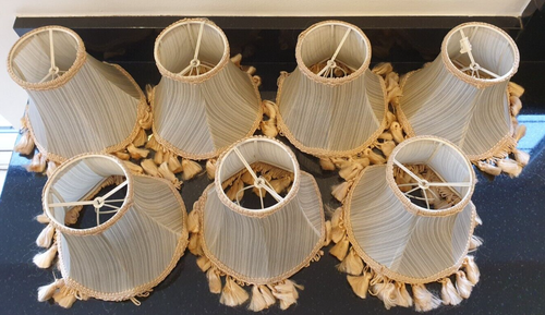 7 x Vintage Clip-on Lamp Shades - Silver Grey Stripes with Pale Apricot Trim - Picture 3 of 7