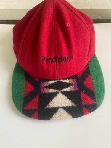 Vintage 90's Pendleton Virgin Wool Fitted Hat Cap Adult Size Aztec Design Red