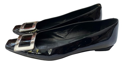 ROGER VIVIER Ballerina Flats Black Patent Belle Silvertone Buckle Sz 39/9 US - Picture 5 of 16