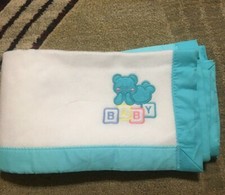 Vintage Cuddle Time Baby Blanket Bear Building Blocks Applique White Aqua Trim