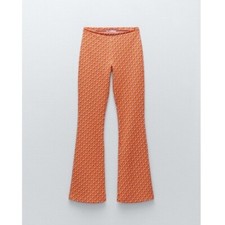 NWT Women ZARA HIGH RISE FLARED JACQUARD PANTS ORANGE MULTI LARGE