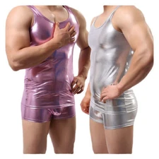 Faux Leather Men Fitness Tank Top/Sleeveless Bodybuilding Stringers Vest + Boxer